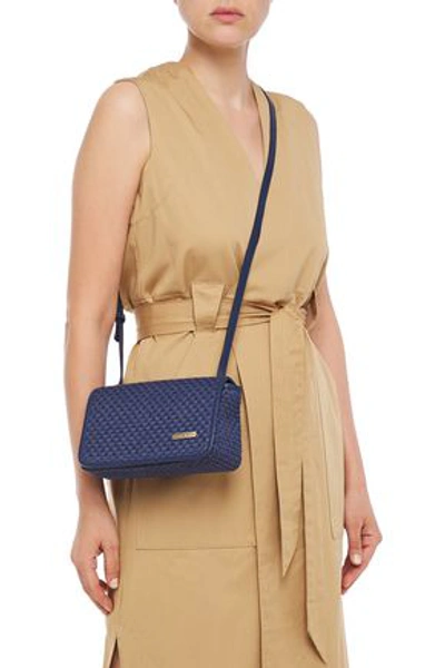 Shop Heidi Klein Martinique Faux Leather-trimmed Basketweave Raffia Shoulder Bag In Navy