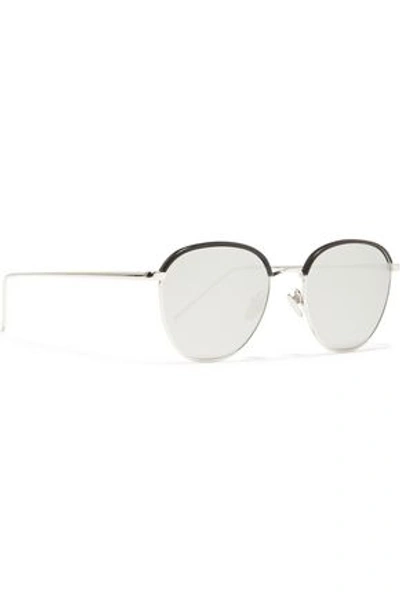 Shop Linda Farrow Aviator-style Silver-tone, Titanium And Leather Mirrored Sunglasses In Black