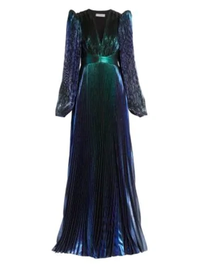 Shop Givenchy Pleated Lamé Puff-sleeve Gown In Blue Green