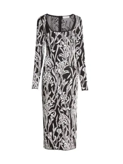 Shop Givenchy Smocked Iris Jacquard Midi Dress In Black White