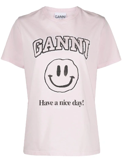 Shop Ganni Smiley Print T-shirt In Pink
