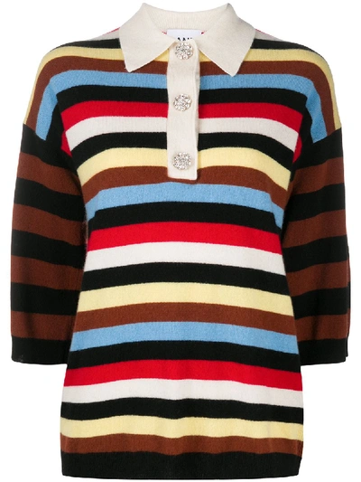 Shop Ganni Striped Cashmere Polo Jumper In Black