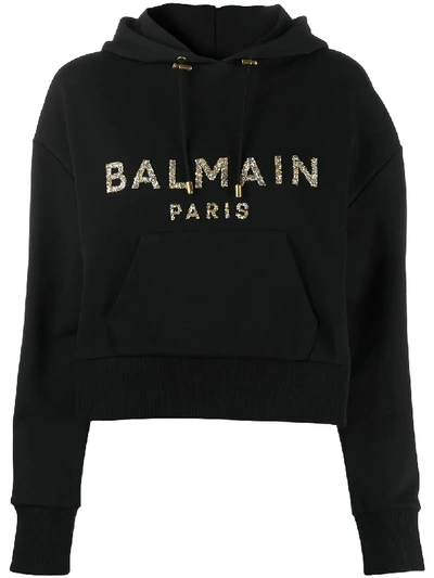 Shop Balmain Crystal-embellished Cropped Hoodie In Black