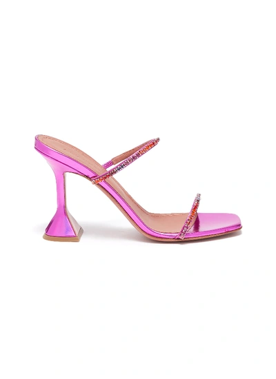 Shop Amina Muaddi Gilda Crystal Strap Heeled Sandals In Bright Pink