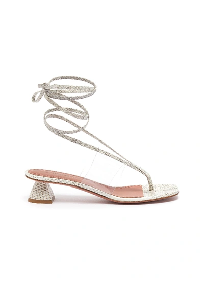 Shop Amina Muaddi Zula Clear Pvc Band Strappy Snake-embossed Leather Heeled Sandals In White