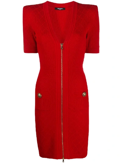 Shop Balmain Zip Knit Mini Dress In Red