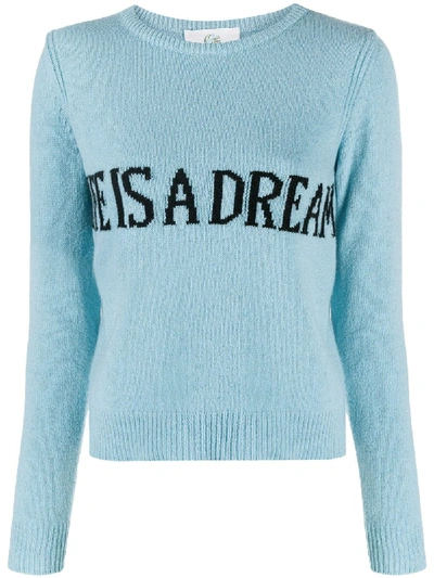 Shop Alberta Ferretti Intarsia-knit Slogan Jumper In Blue