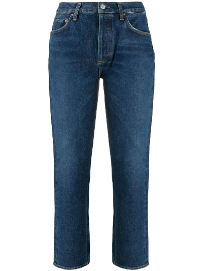 Shop Agolde Riley Mid-rise Cropped Jeans In Blue