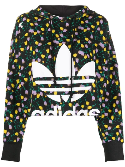 Shop Adidas Originals All Over Print Cropped Hoodie In Black