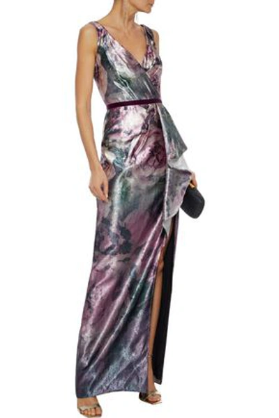 Shop Marchesa Notte Wrap-effect Metallic Floral-print Jacquard Gown In Baby Pink