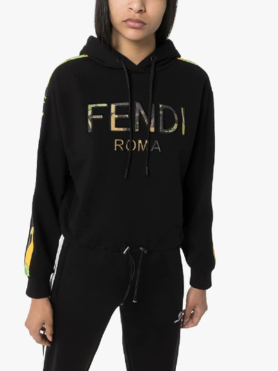 Shop Fendi Floral Logo Cropped Hoodie In Black