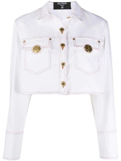 Shop Balmain Cropped Denim Jacket In White