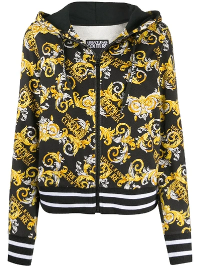 Shop Versace Jeans Couture Baroque-print Zipped Hoodie In Black