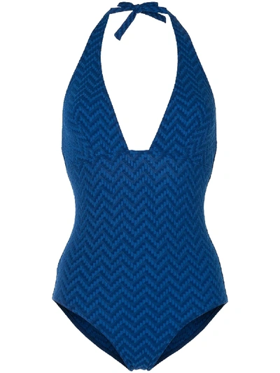 Shop Eres Chevron-print Halterneck One-piece In Blue