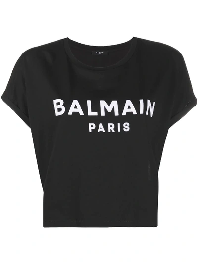 Shop Balmain Cropped Logo T-shirt In Black