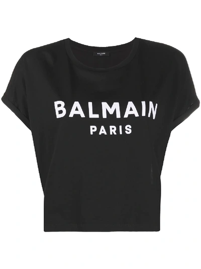 Balmain Logo Print Cropped Cotton Jersey T-shirt In Black