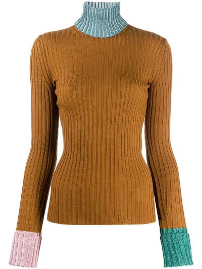 Shop Lanvin Contrast Trim Rib-knit Jumper In Brown