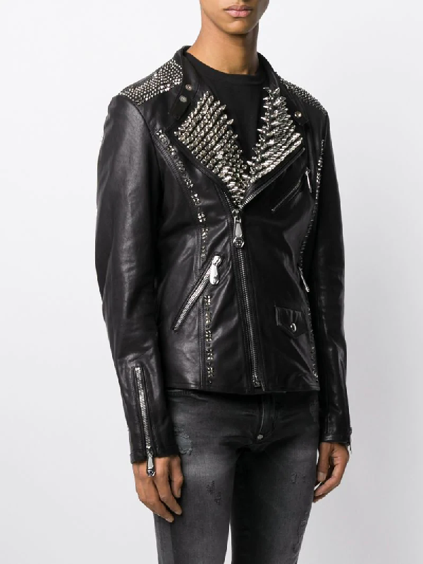 Philipp Plein Stud Embellished Leather Jacket In Black | ModeSens