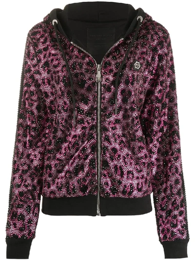 Shop Philipp Plein Paradise Embellished Animal-print Hoodie In Black