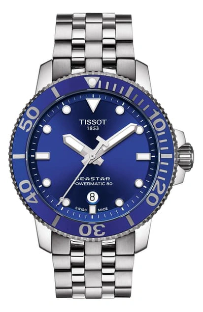 Shop Tissot Seastar 1000 Powermatic 80 Bracelet Watch, 43mm In Silver/ Blue/ Silver