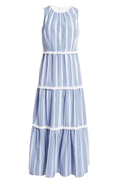 Shop Julia Jordan Gingham Stripe Tiered Maxi Dress In Blue/ Ivory