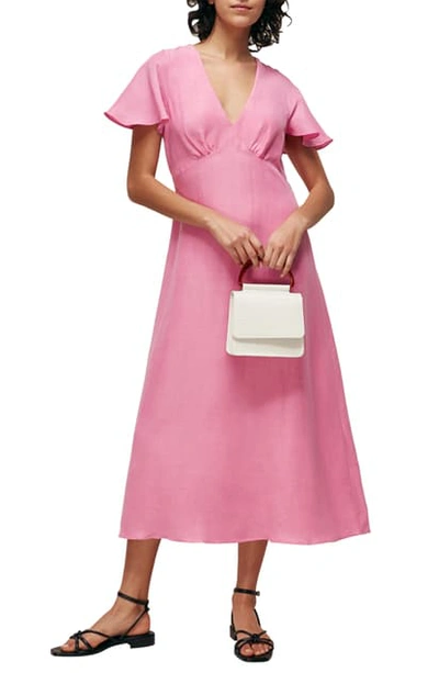 Shop Whistles Ruffle Sleeve Linen & Cotton Blend Midi Dress In Pink