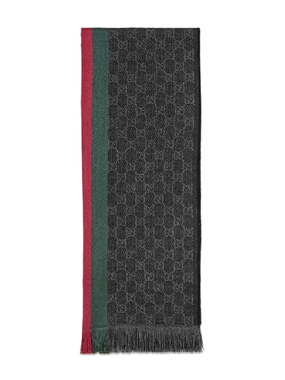 Shop Gucci Gg Wool Scarf With Web In Grey