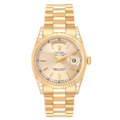 Shop Rolex President Day Date Yellow Gold Diamond Lugs Watch 118338 Box Papers In Not Applicable