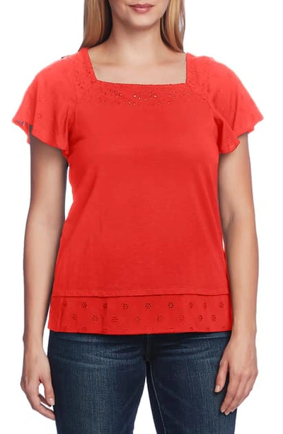 Shop Vince Camuto Embroidered Detail Cotton Blend Layered Top In Bright Ladybug