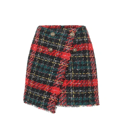 Shop Balmain Plaid Tweed Miniskirt In Red