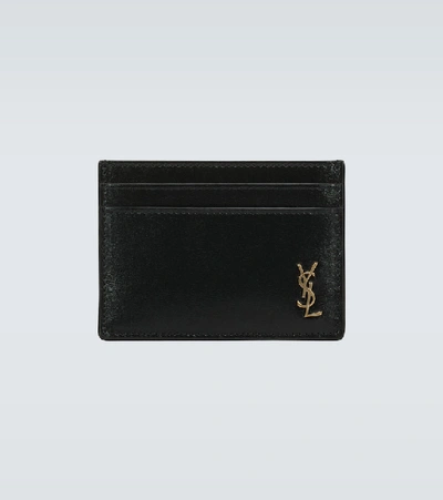 Shop Saint Laurent Tiny Cassandre Leather Card Holder In Black