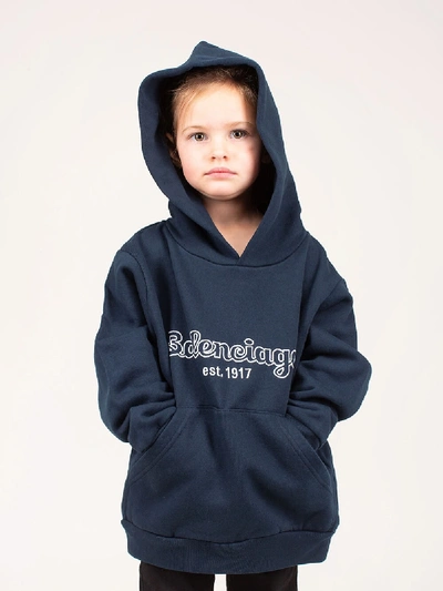 Shop Balenciaga Kids Logo Printed Hoodie Navy In Blue