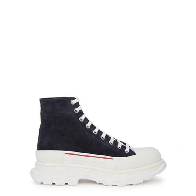 Shop Alexander Mcqueen Tread Slick Navy Suede Hi-top Sneakers In Black And White