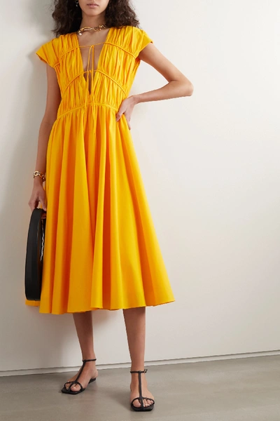 Shop Tove Ceres Tie-detailed Gathered Cotton-poplin Midi Dress In Marigold