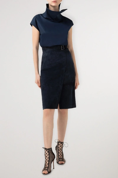 Shop Akris Draped Cotton-poplin Blouse In Navy