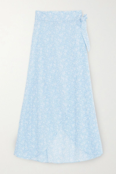 Shop Ganni Floral-print Cotton-voile Wrap Midi Skirt In Light Blue