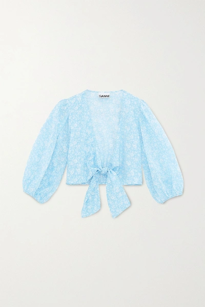 Shop Ganni Tie-front Floral-print Cotton-voile Top In Light Blue