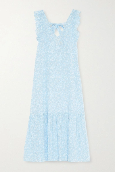Shop Ganni Ruffled Floral-print Cotton-voile Midi Dress In Light Blue