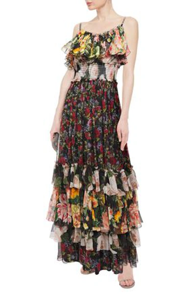 Shop Dolce & Gabbana Tiered Shirred Floral-print Silk-voile Maxi Dress In Black