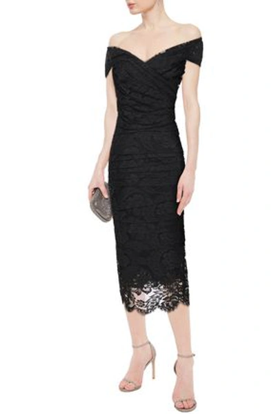 Shop Dolce & Gabbana Off-the-shoulder Pleated Lace Midi Dress In Black