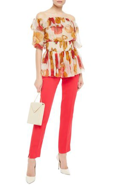 Shop Dolce & Gabbana Off-the-shoulder Shirred Floral-print Silk-chiffon Peplum Blouse In Cream