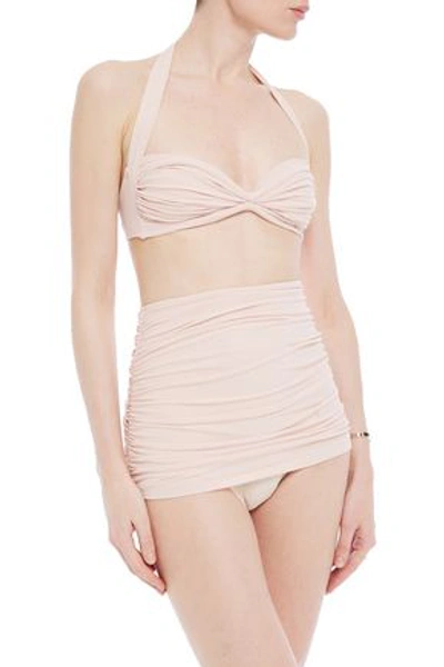 Shop Norma Kamali Ruched Halterneck Bikini Top In Blush