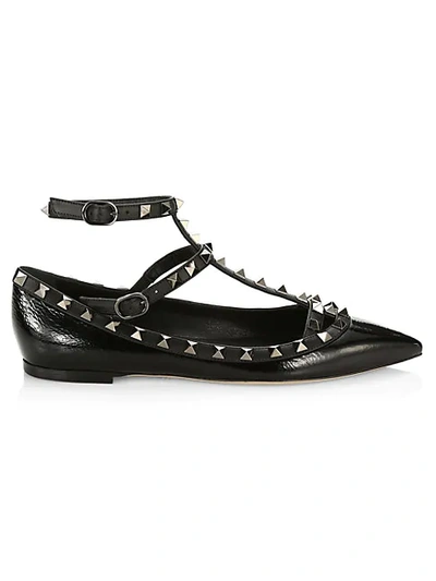 Shop Valentino Rockstud T-strap Leather Ballerina Flats In Black