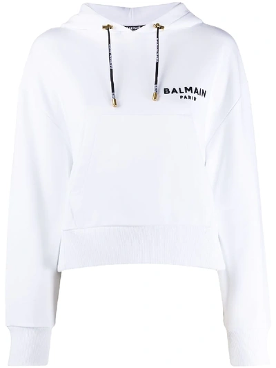 Shop Balmain Flocked Logo Hooded Sweatshirt In White