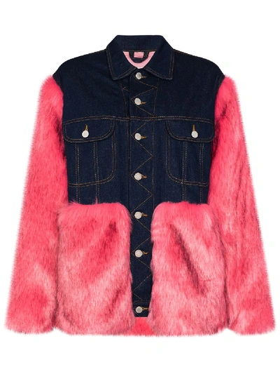 Shop Natasha Zinko Oversized Faux-fur Denim Jacket In Blue