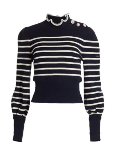 Shop Marc Jacobs The Breton Ruffled Stripe Sweater In Navy Multi