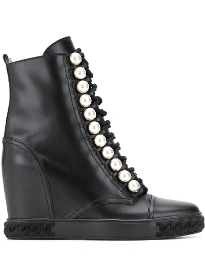 Shop Casadei Pearl-embellished Wedge Boots In Black