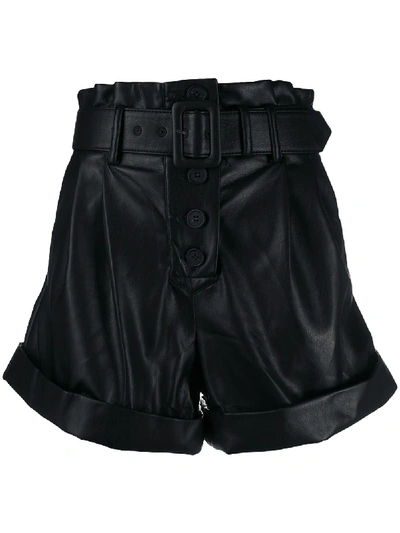 Shop Self-portrait Leather Look Belted Shorts In Black
