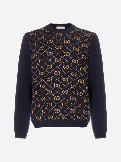 Shop Gucci Gg Motif Embroidery Wool Sweater In Dark Blue