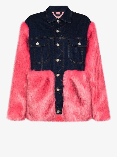 Shop Natasha Zinko Oversized Faux Fur Denim Jacket In Blue